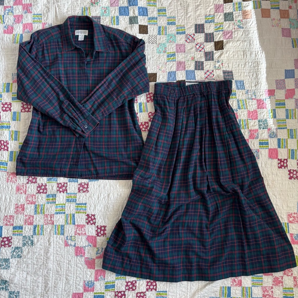 Lands' End Vintage Flannel Plaid Shirt and Pleated Skirt 2 Piece Set Cottagecore